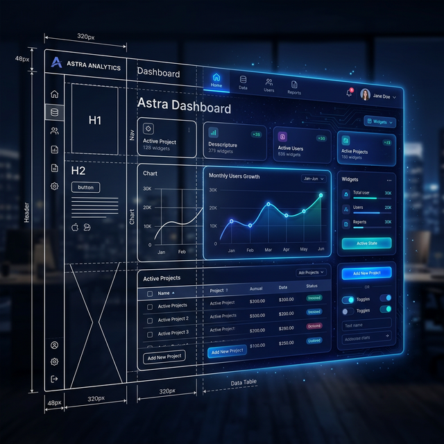 A high fidelity wireframe overlay merging smoothly into full front-end components glowing in midnight blue